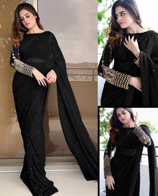 multi sequence embroidery blouse with petticoat and pearls attached saree 1 1