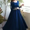 Pearls Goun Heavy Embroidered With Front And Back Pearls Attached Gown With Long Maxi Trouser - Blue